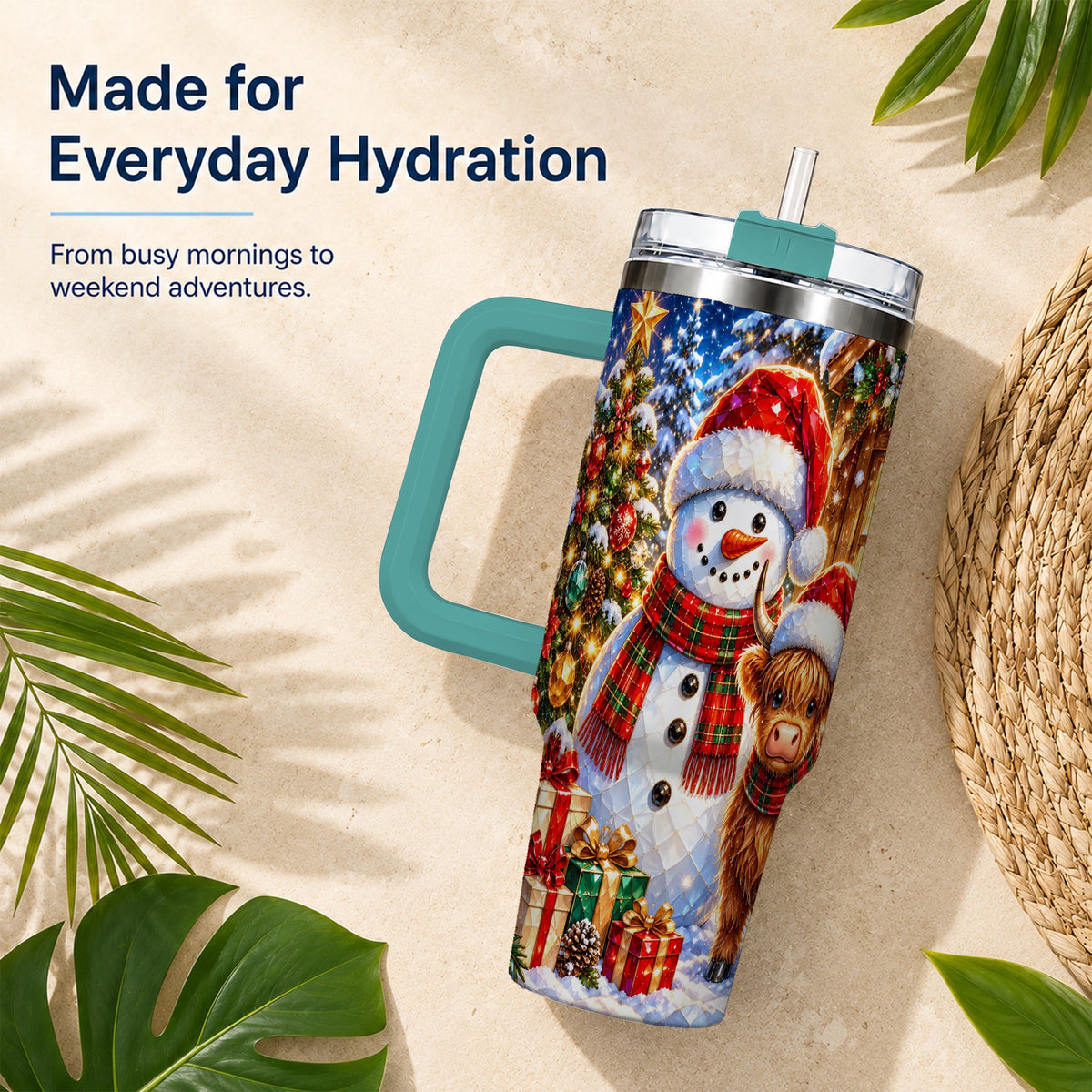 #pl[40oz|Green] Highland Cow Snowman 40oz Tumbler with Handle, Christmas Travel Cup