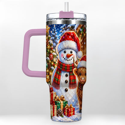 #pl[40oz|Pink] Highland Cow Snowman 40oz Tumbler with Handle, Christmas Travel Cup