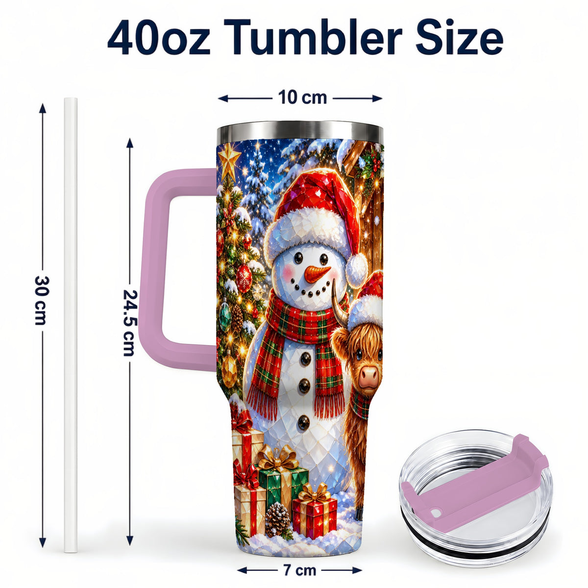 #pl[40oz|Pink] Highland Cow Snowman 40oz Tumbler with Handle, Christmas Travel Cup