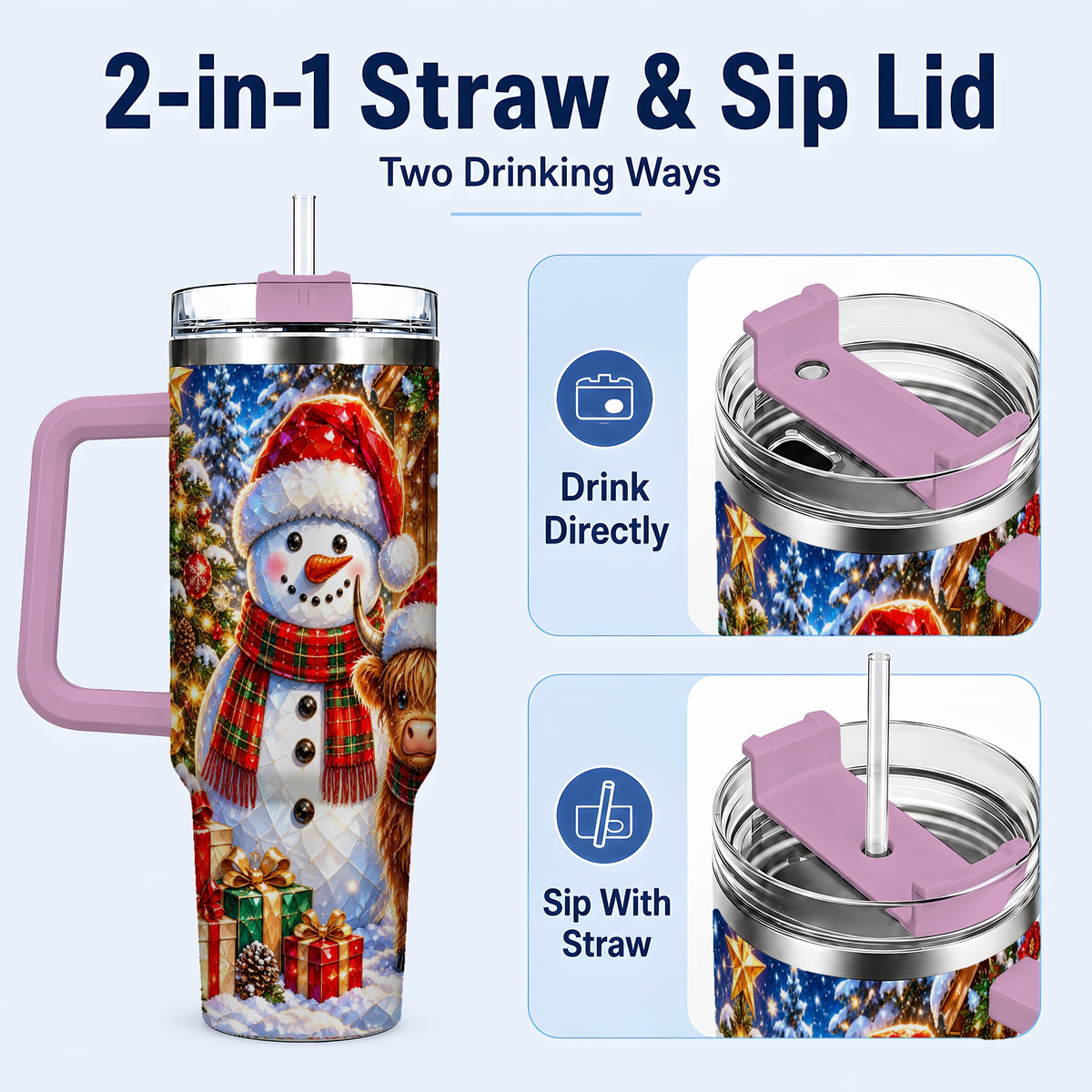 #pl[40oz|Pink] Highland Cow Snowman 40oz Tumbler with Handle, Christmas Travel Cup
