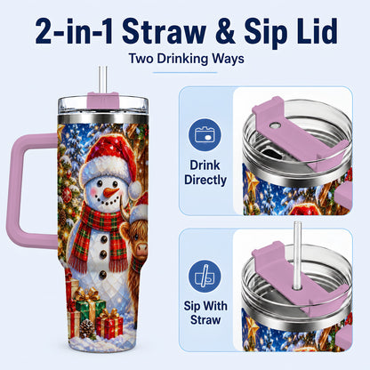 #pl[40oz|Pink] Highland Cow Snowman 40oz Tumbler with Handle, Christmas Travel Cup