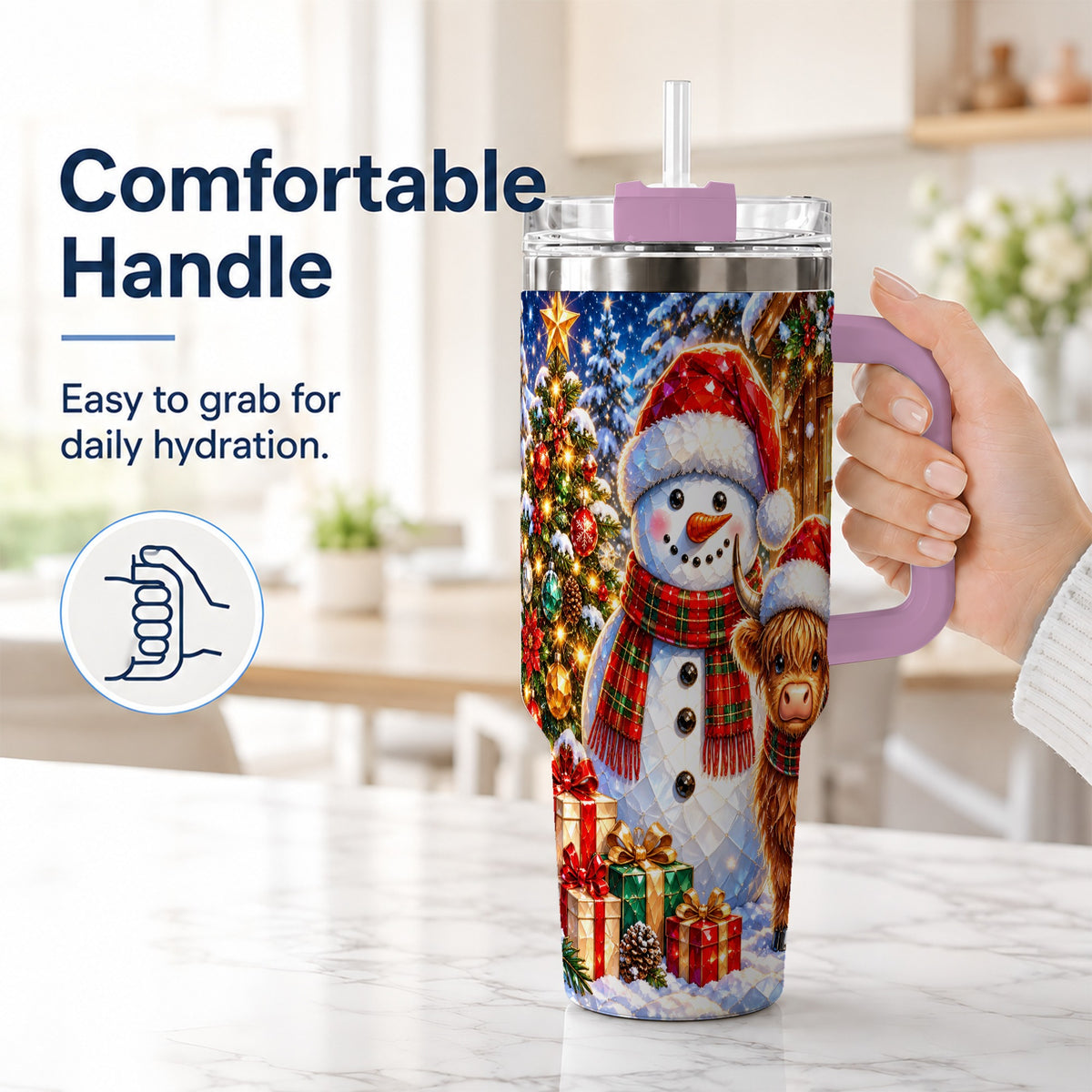#pl[40oz|Pink] Highland Cow Snowman 40oz Tumbler with Handle, Christmas Travel Cup