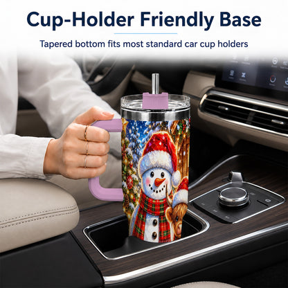 #pl[40oz|Pink] Highland Cow Snowman 40oz Tumbler with Handle, Christmas Travel Cup