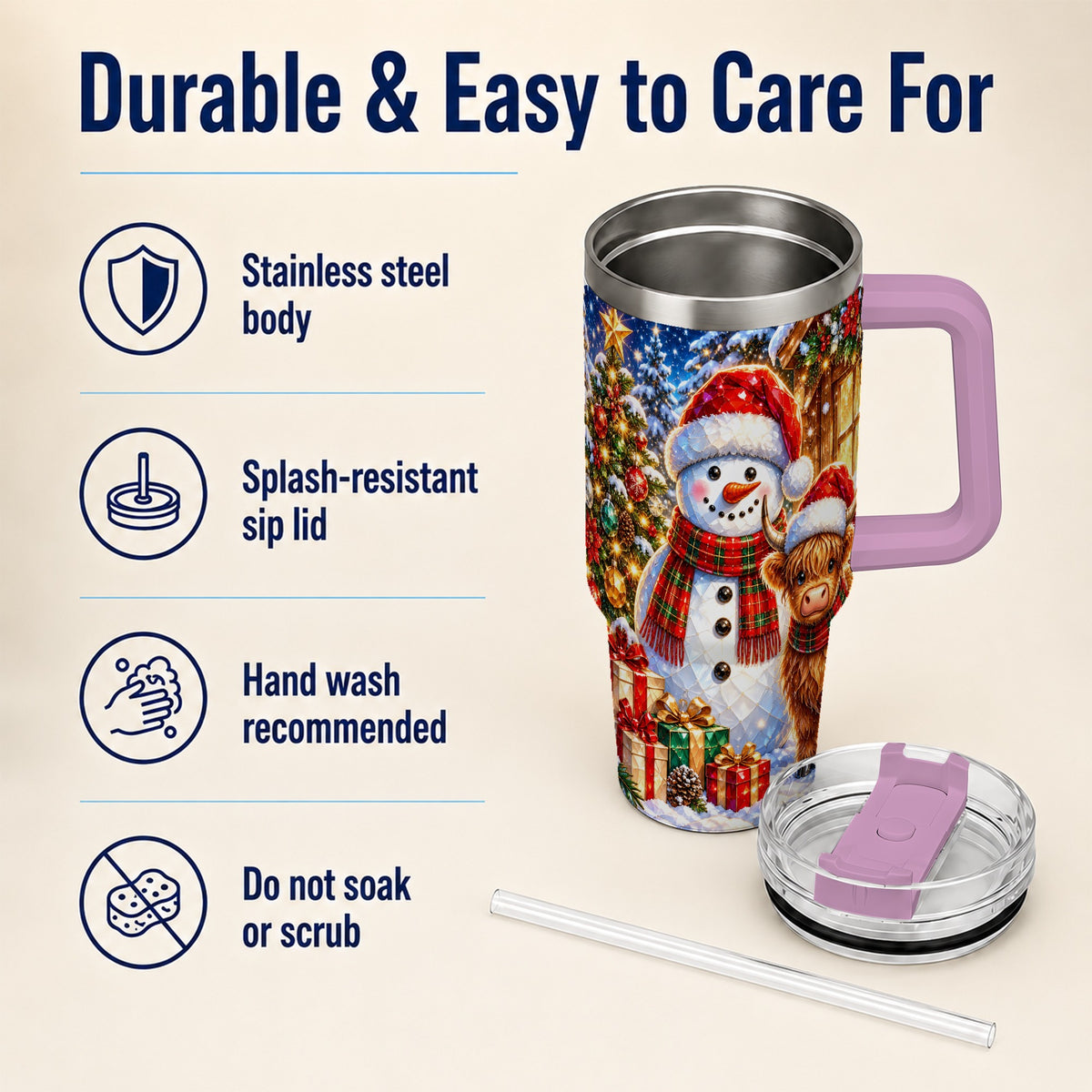 #pl[40oz|Pink] Highland Cow Snowman 40oz Tumbler with Handle, Christmas Travel Cup