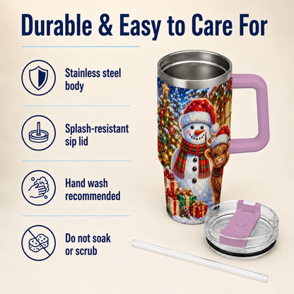 #pl[40oz|Pink] Highland Cow Snowman 40oz Tumbler with Handle, Christmas Travel Cup
