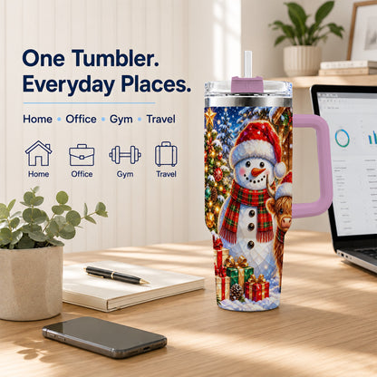 #pl[40oz|Pink] Highland Cow Snowman 40oz Tumbler with Handle, Christmas Travel Cup