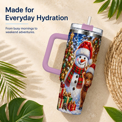 #pl[40oz|Pink] Highland Cow Snowman 40oz Tumbler with Handle, Christmas Travel Cup