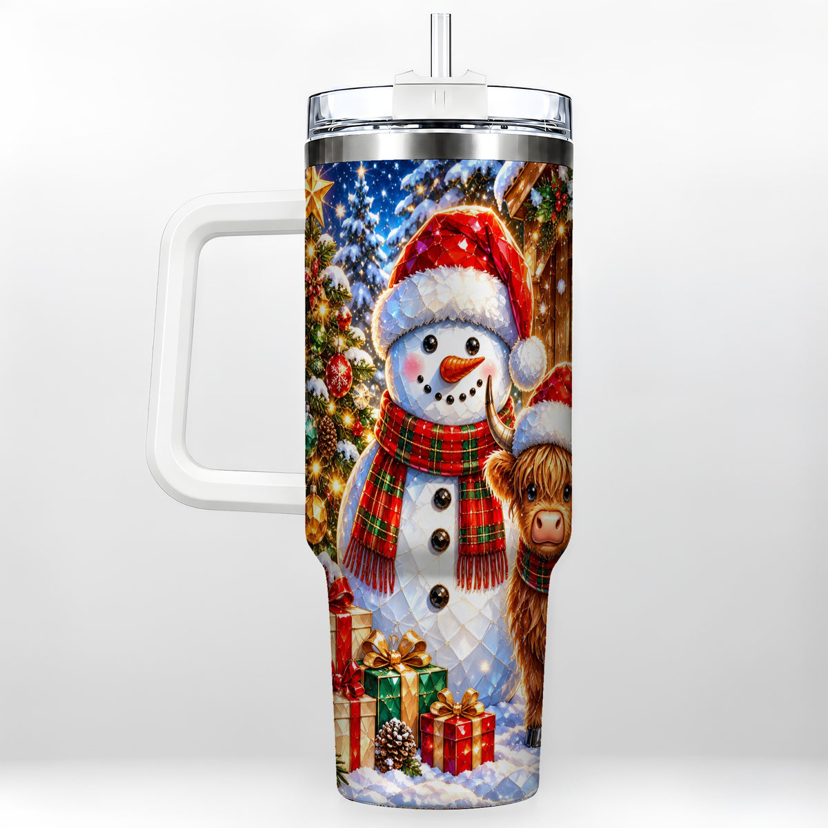Highland Cow Snowman 40oz Tumbler with Handle, Christmas Travel Cup