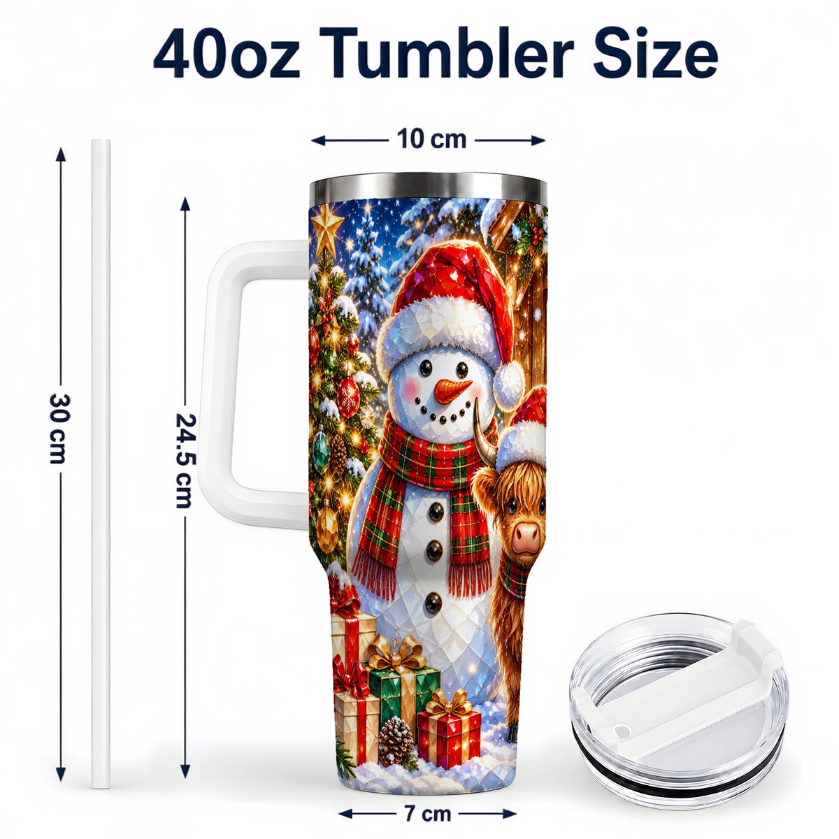 #pl[40oz|White] Highland Cow Snowman 40oz Tumbler with Handle, Christmas Travel Cup