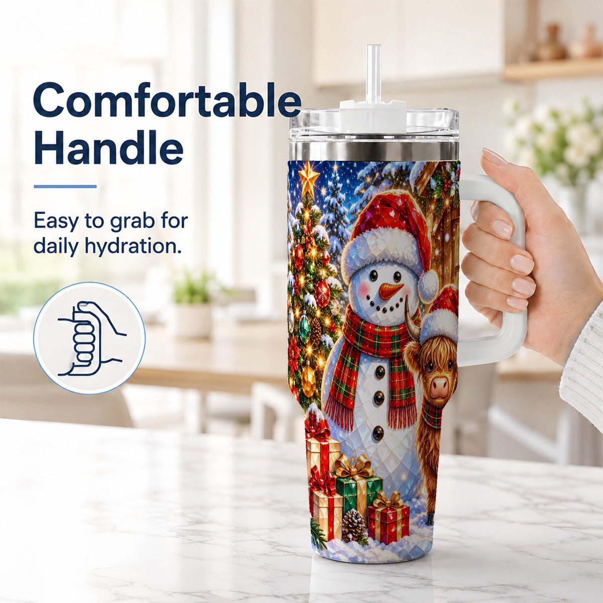 #pl[40oz|White] Highland Cow Snowman 40oz Tumbler with Handle, Christmas Travel Cup