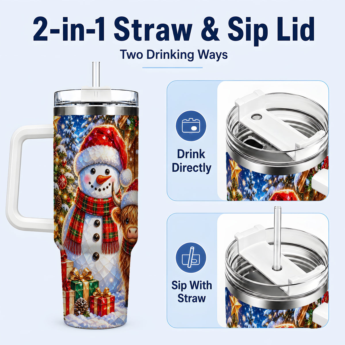 #pl[40oz|White] Highland Cow Snowman 40oz Tumbler with Handle, Christmas Travel Cup