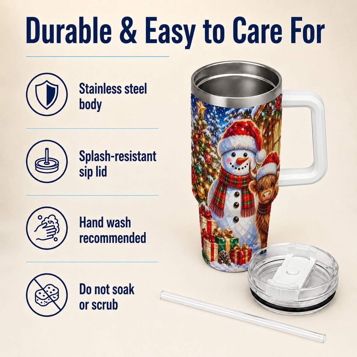 #pl[40oz|White] Highland Cow Snowman 40oz Tumbler with Handle, Christmas Travel Cup