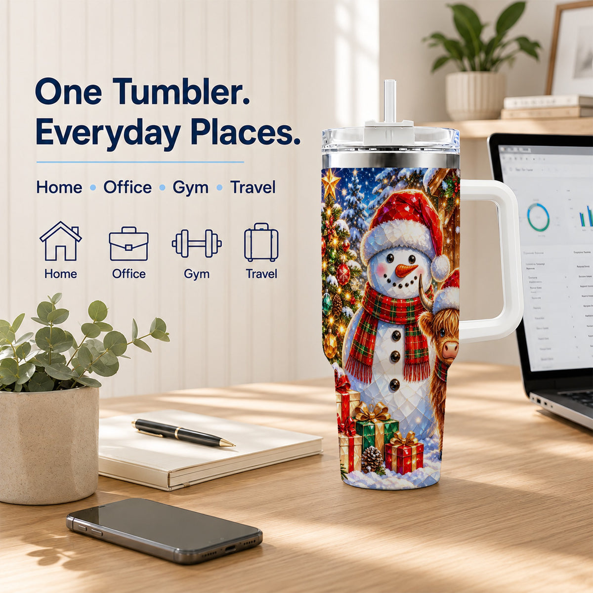 #pl[40oz|White] Highland Cow Snowman 40oz Tumbler with Handle, Christmas Travel Cup