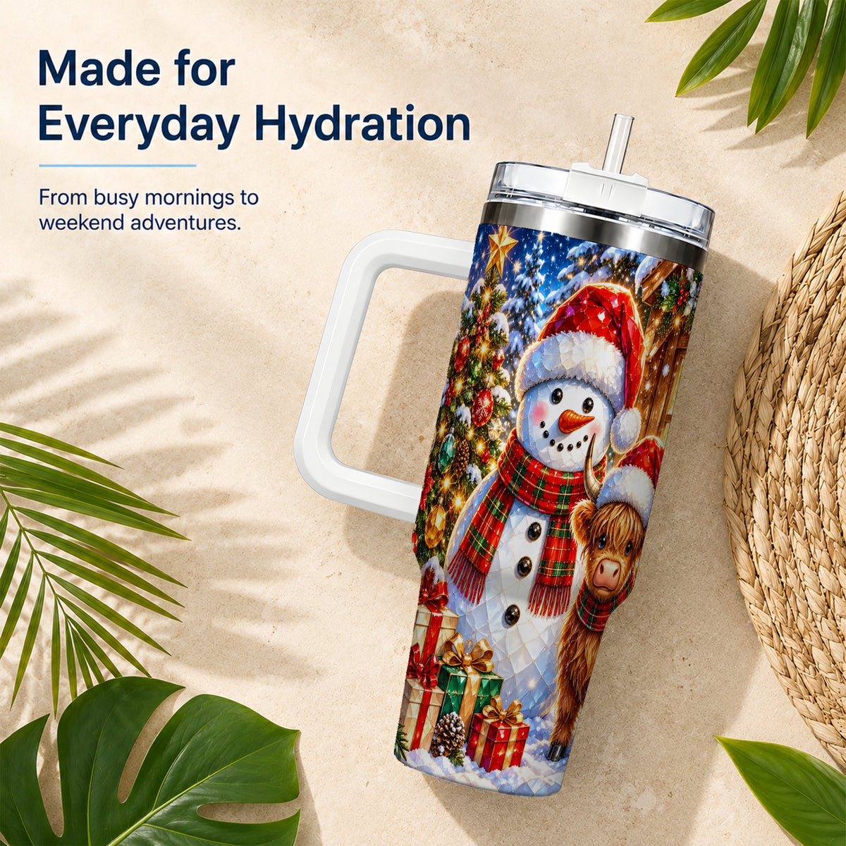 #pl[40oz|White] Highland Cow Snowman 40oz Tumbler with Handle, Christmas Travel Cup