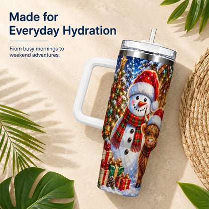 #pl[40oz|White] Highland Cow Snowman 40oz Tumbler with Handle, Christmas Travel Cup