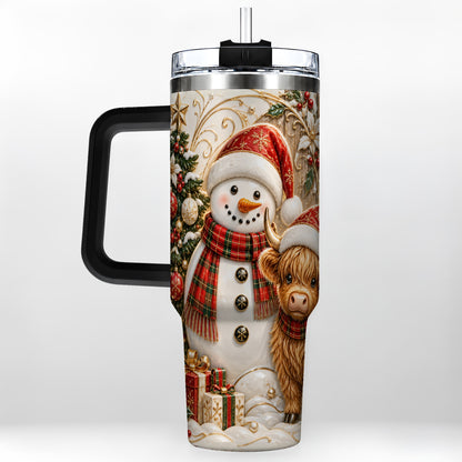 #pl[40oz|Black] Highland Cow Snowman 40oz Tumbler with Handle, Farm Animal Travel Cup
