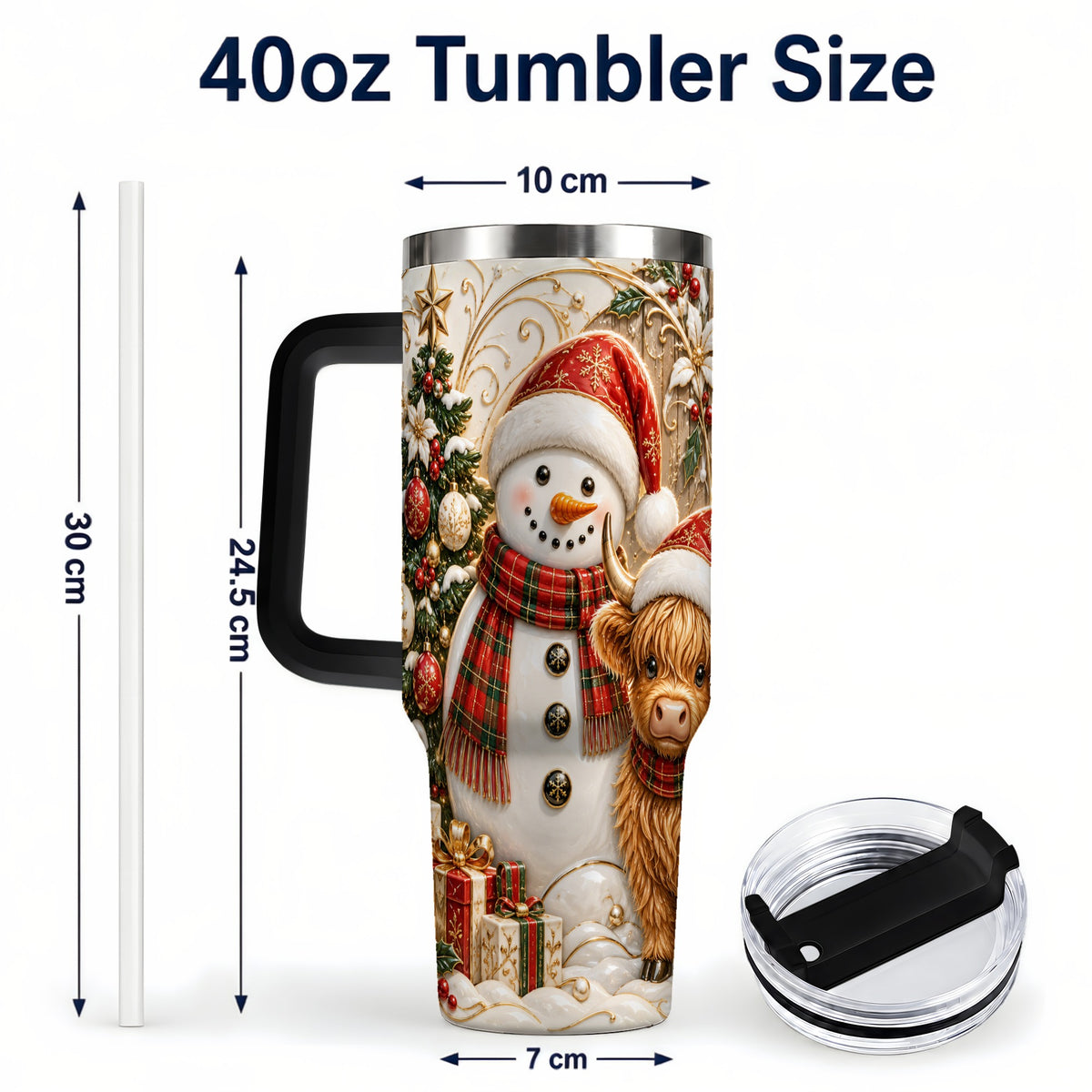 #pl[40oz|Black] Highland Cow Snowman 40oz Tumbler with Handle, Farm Animal Travel Cup