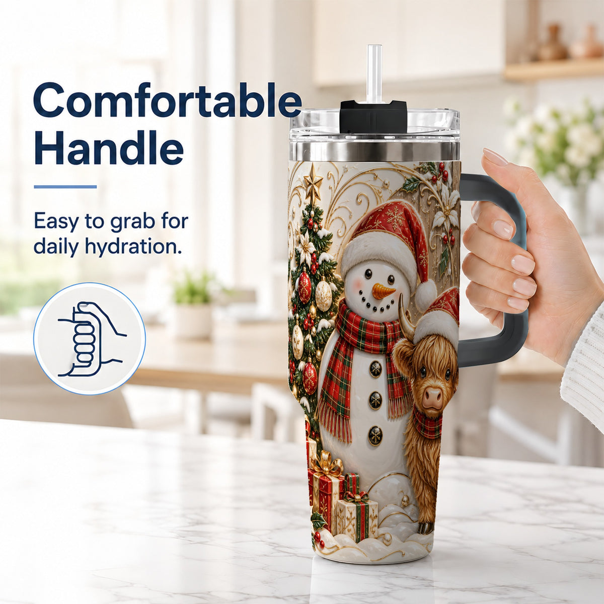 #pl[40oz|Black] Highland Cow Snowman 40oz Tumbler with Handle, Farm Animal Travel Cup