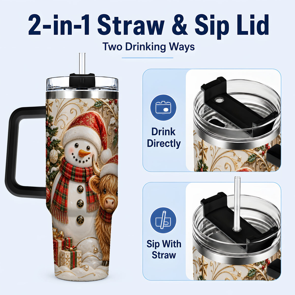 #pl[40oz|Black] Highland Cow Snowman 40oz Tumbler with Handle, Farm Animal Travel Cup