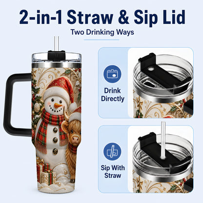 #pl[40oz|Black] Highland Cow Snowman 40oz Tumbler with Handle, Farm Animal Travel Cup