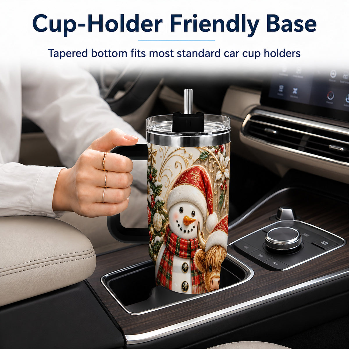#pl[40oz|Black] Highland Cow Snowman 40oz Tumbler with Handle, Farm Animal Travel Cup