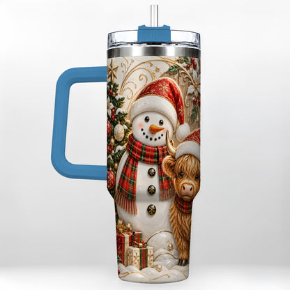 #pl[40oz|Blue] Highland Cow Snowman 40oz Tumbler with Handle, Farm Animal Travel Cup