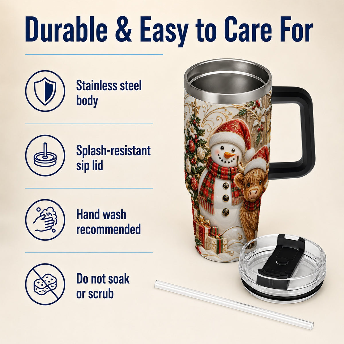 #pl[40oz|Black] Highland Cow Snowman 40oz Tumbler with Handle, Farm Animal Travel Cup