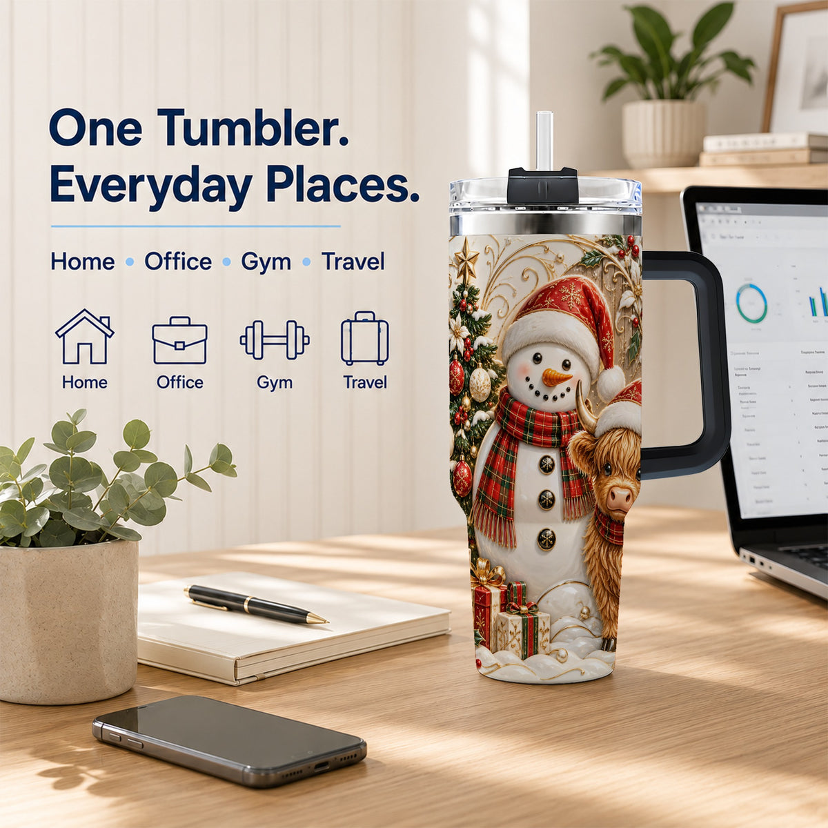 #pl[40oz|Black] Highland Cow Snowman 40oz Tumbler with Handle, Farm Animal Travel Cup