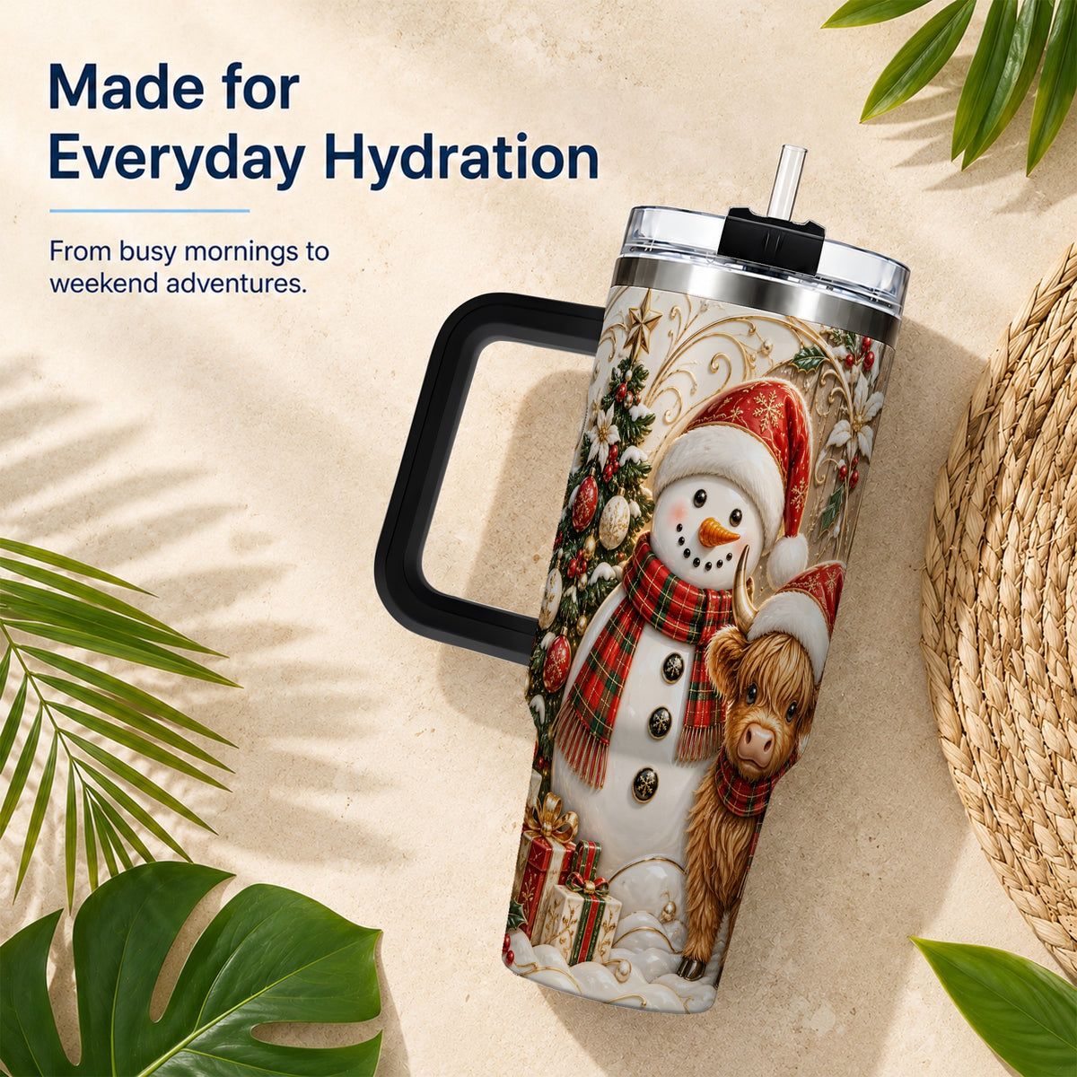 #pl[40oz|Black] Highland Cow Snowman 40oz Tumbler with Handle, Farm Animal Travel Cup