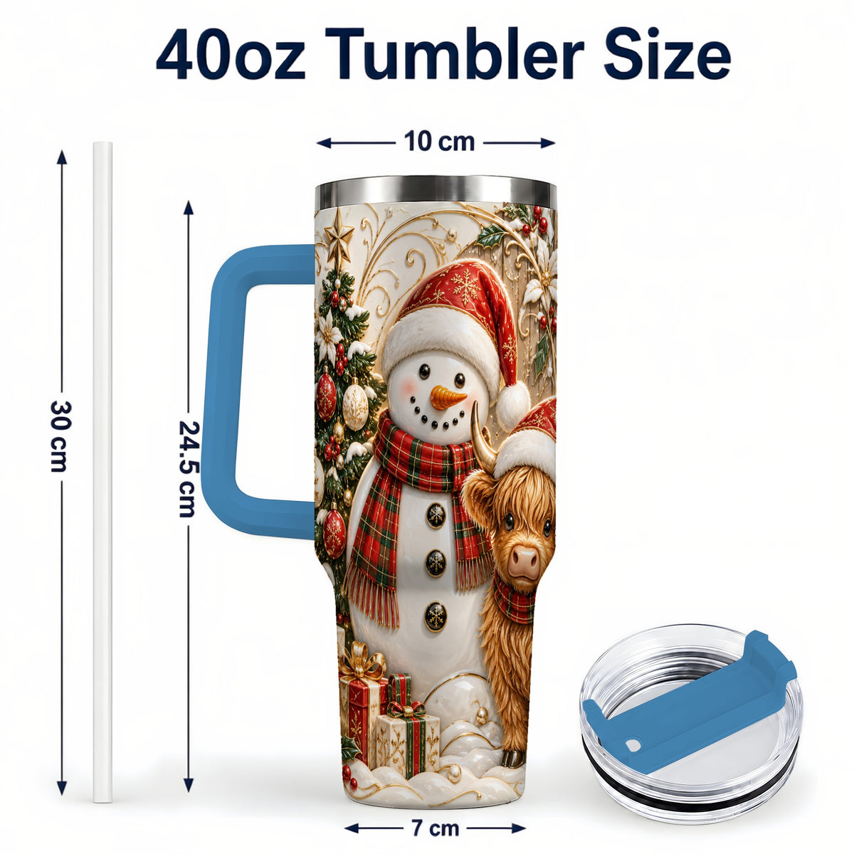 #pl[40oz|Blue] Highland Cow Snowman 40oz Tumbler with Handle, Farm Animal Travel Cup