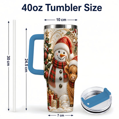 #pl[40oz|Blue] Highland Cow Snowman 40oz Tumbler with Handle, Farm Animal Travel Cup