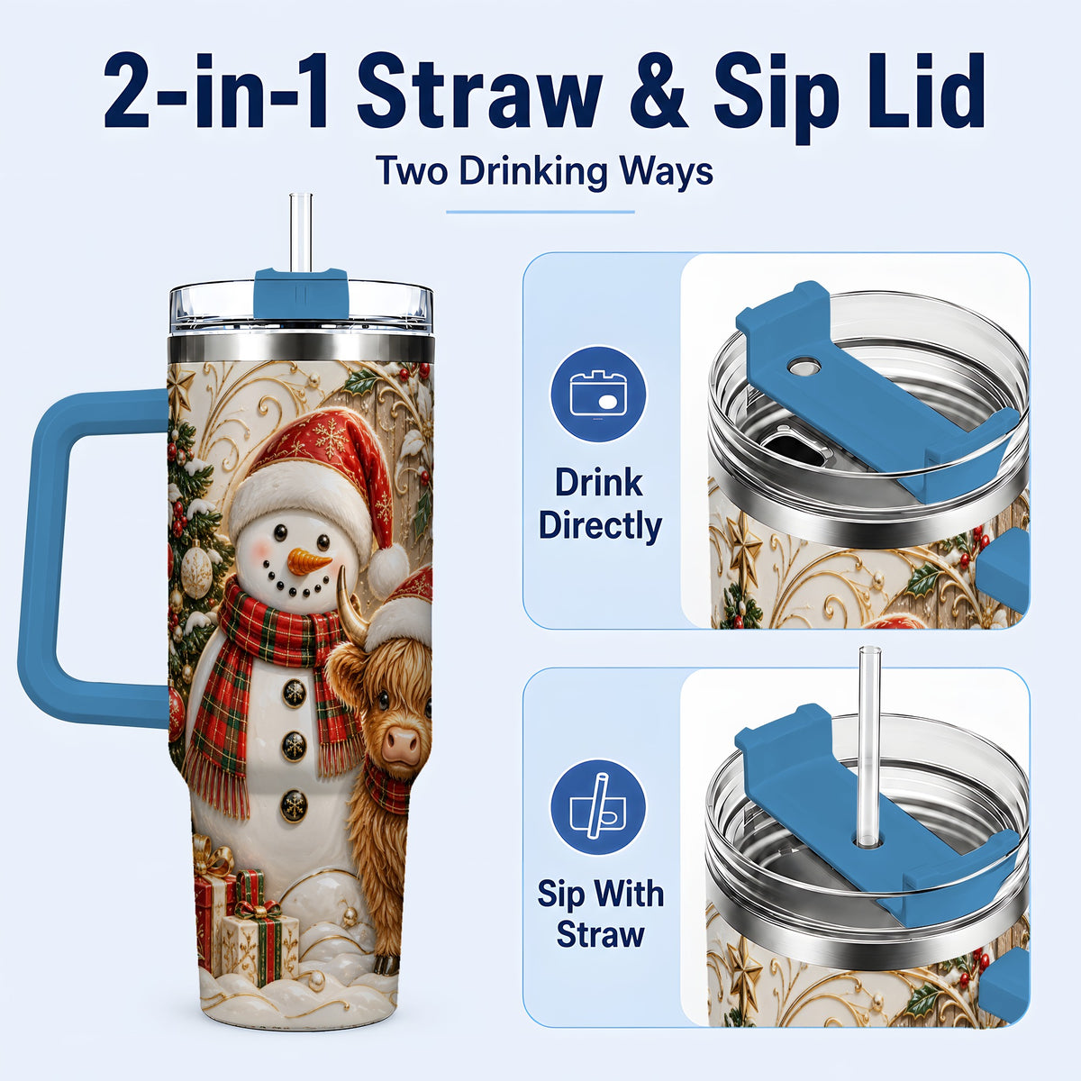 #pl[40oz|Blue] Highland Cow Snowman 40oz Tumbler with Handle, Farm Animal Travel Cup