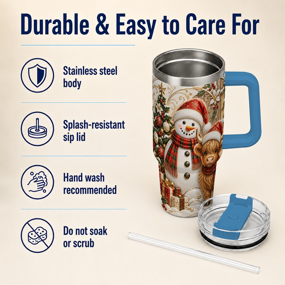 #pl[40oz|Blue] Highland Cow Snowman 40oz Tumbler with Handle, Farm Animal Travel Cup