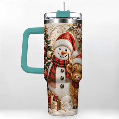 #pl[40oz|Green] Highland Cow Snowman 40oz Tumbler with Handle, Farm Animal Travel Cup