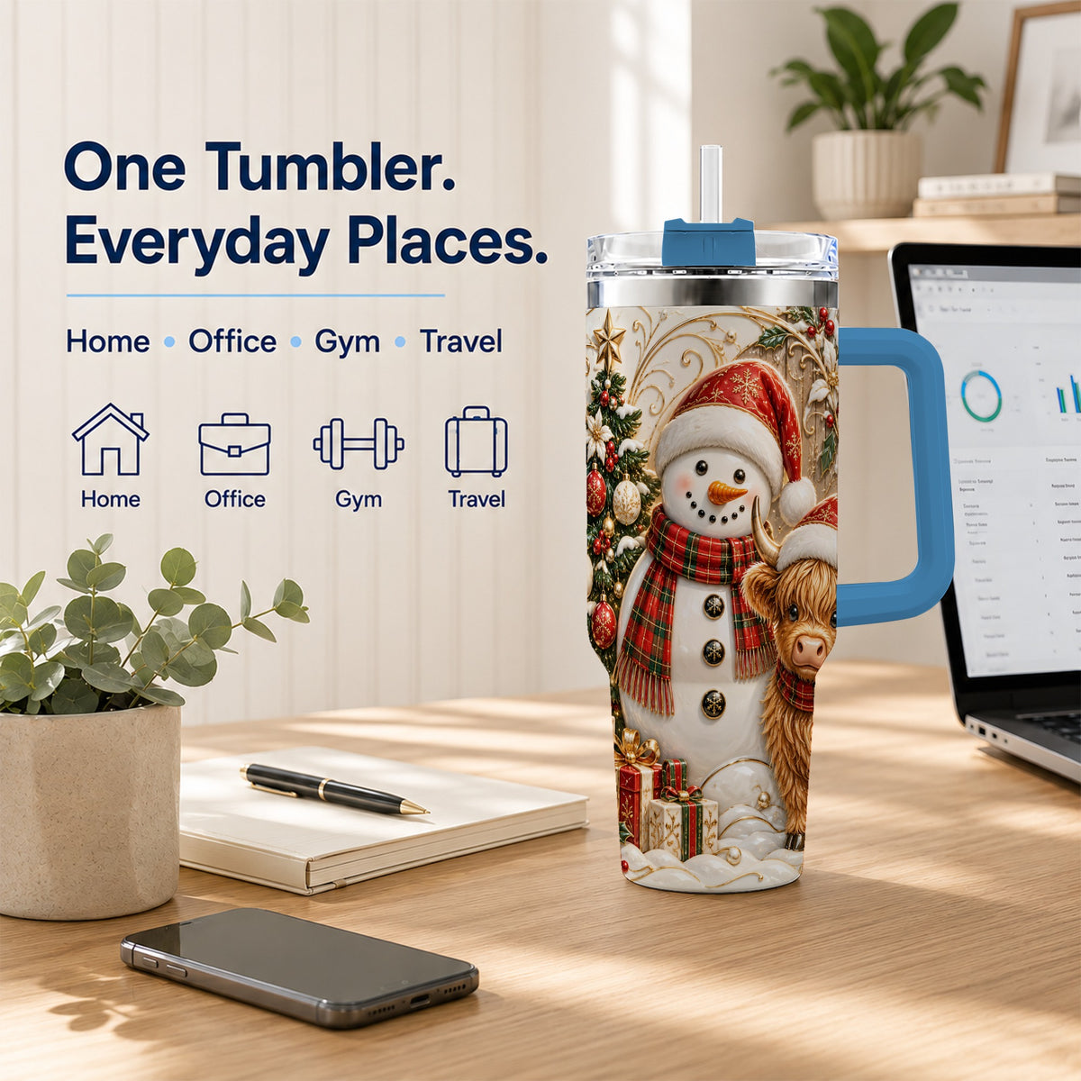 #pl[40oz|Blue] Highland Cow Snowman 40oz Tumbler with Handle, Farm Animal Travel Cup