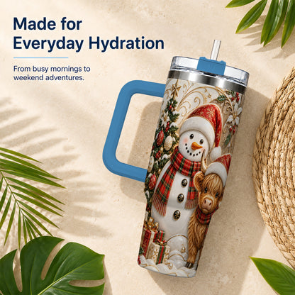 #pl[40oz|Blue] Highland Cow Snowman 40oz Tumbler with Handle, Farm Animal Travel Cup