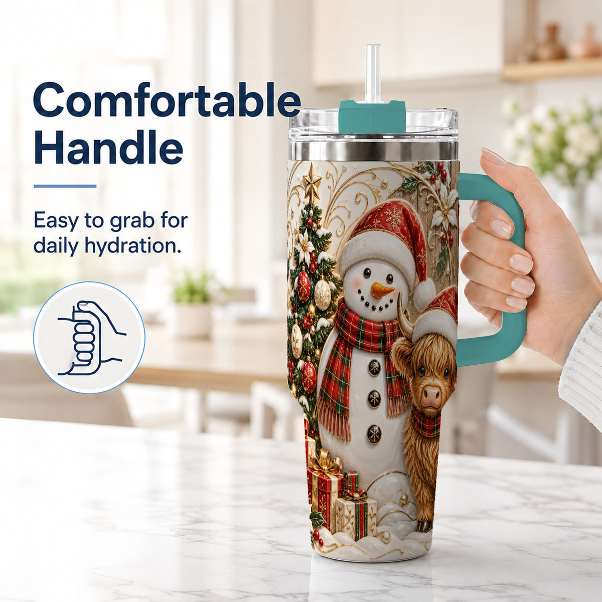 #pl[40oz|Green] Highland Cow Snowman 40oz Tumbler with Handle, Farm Animal Travel Cup