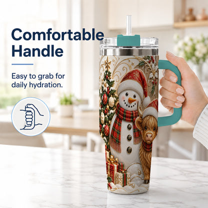 #pl[40oz|Green] Highland Cow Snowman 40oz Tumbler with Handle, Farm Animal Travel Cup
