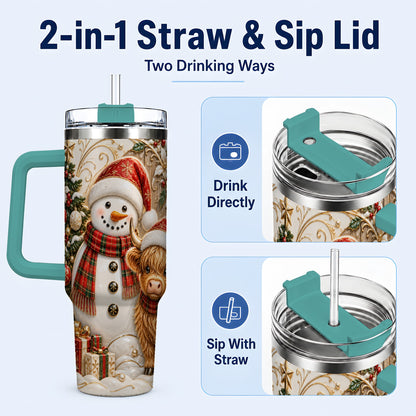 #pl[40oz|Green] Highland Cow Snowman 40oz Tumbler with Handle, Farm Animal Travel Cup
