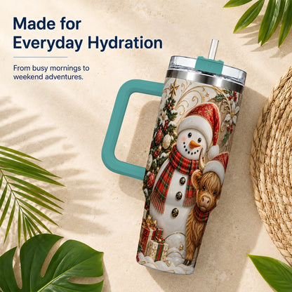#pl[40oz|Green] Highland Cow Snowman 40oz Tumbler with Handle, Farm Animal Travel Cup