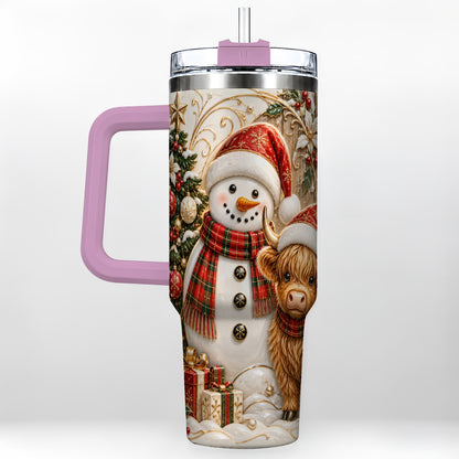 #pl[40oz|Pink] Highland Cow Snowman 40oz Tumbler with Handle, Farm Animal Travel Cup