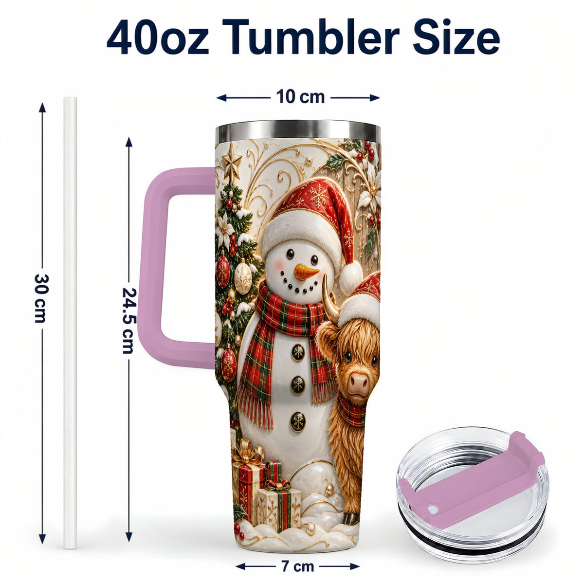 #pl[40oz|Pink] Highland Cow Snowman 40oz Tumbler with Handle, Farm Animal Travel Cup