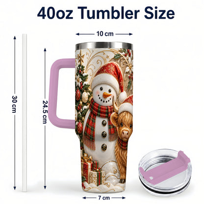#pl[40oz|Pink] Highland Cow Snowman 40oz Tumbler with Handle, Farm Animal Travel Cup