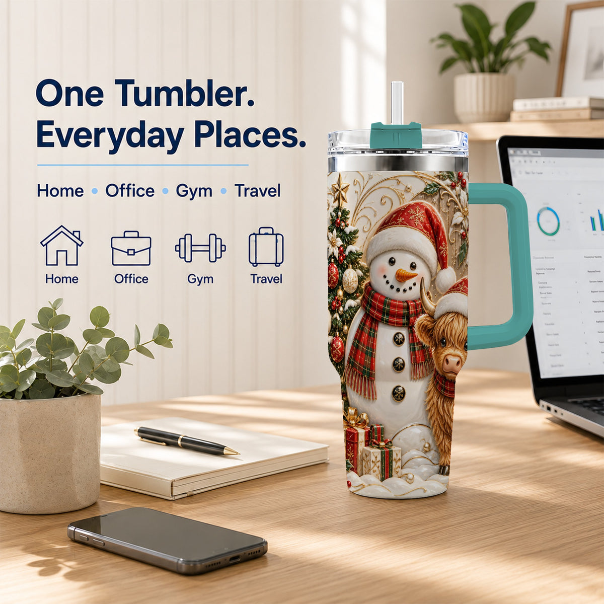 #pl[40oz|Green] Highland Cow Snowman 40oz Tumbler with Handle, Farm Animal Travel Cup