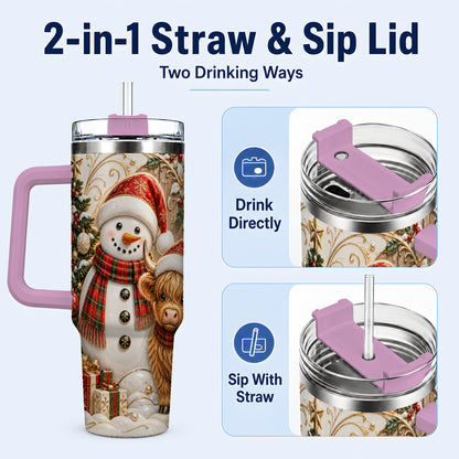 #pl[40oz|Pink] Highland Cow Snowman 40oz Tumbler with Handle, Farm Animal Travel Cup