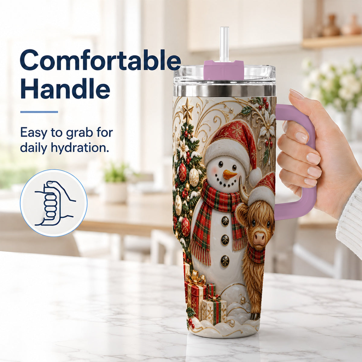 #pl[40oz|Pink] Highland Cow Snowman 40oz Tumbler with Handle, Farm Animal Travel Cup