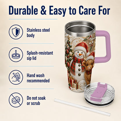 #pl[40oz|Pink] Highland Cow Snowman 40oz Tumbler with Handle, Farm Animal Travel Cup