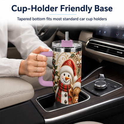 #pl[40oz|Pink] Highland Cow Snowman 40oz Tumbler with Handle, Farm Animal Travel Cup
