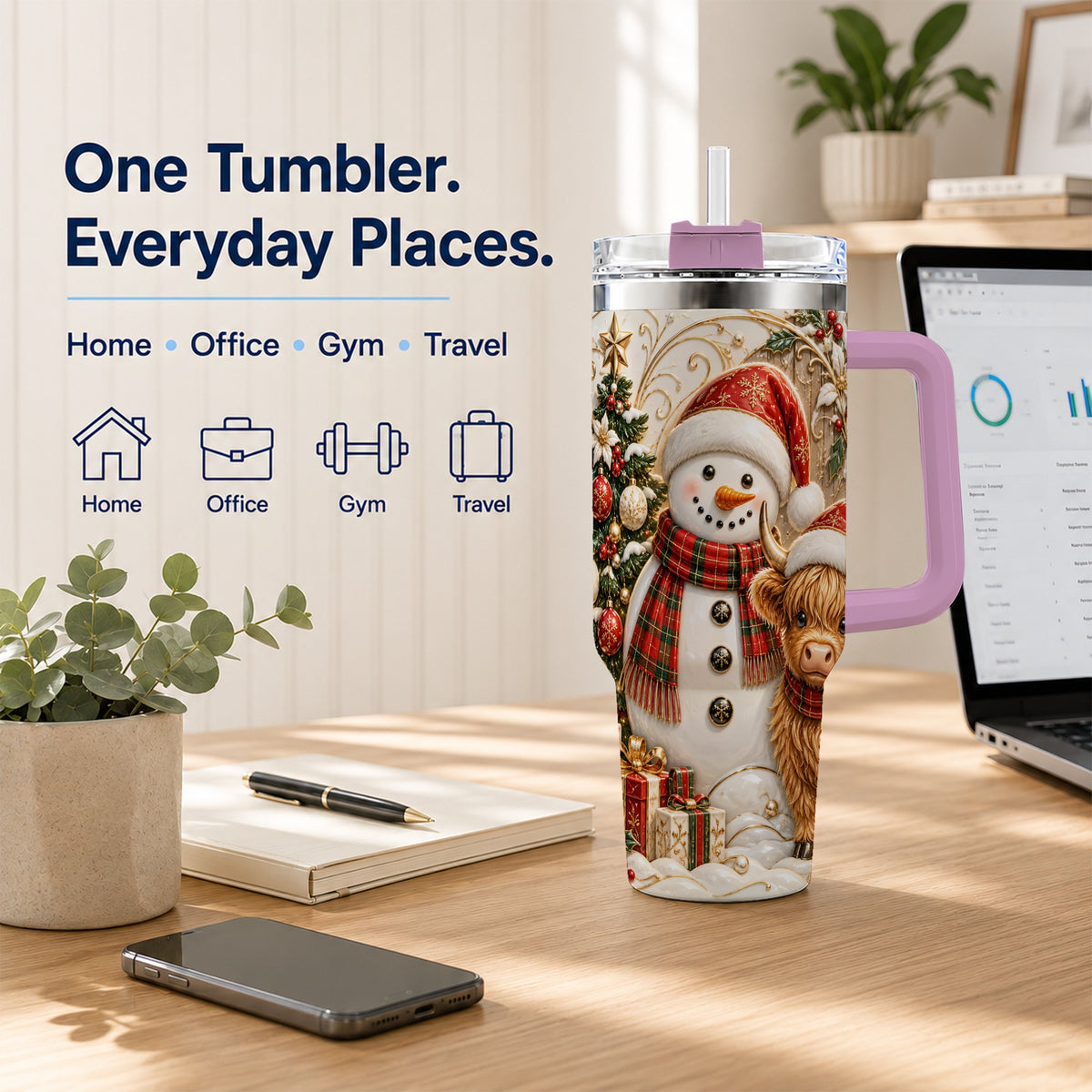 #pl[40oz|Pink] Highland Cow Snowman 40oz Tumbler with Handle, Farm Animal Travel Cup