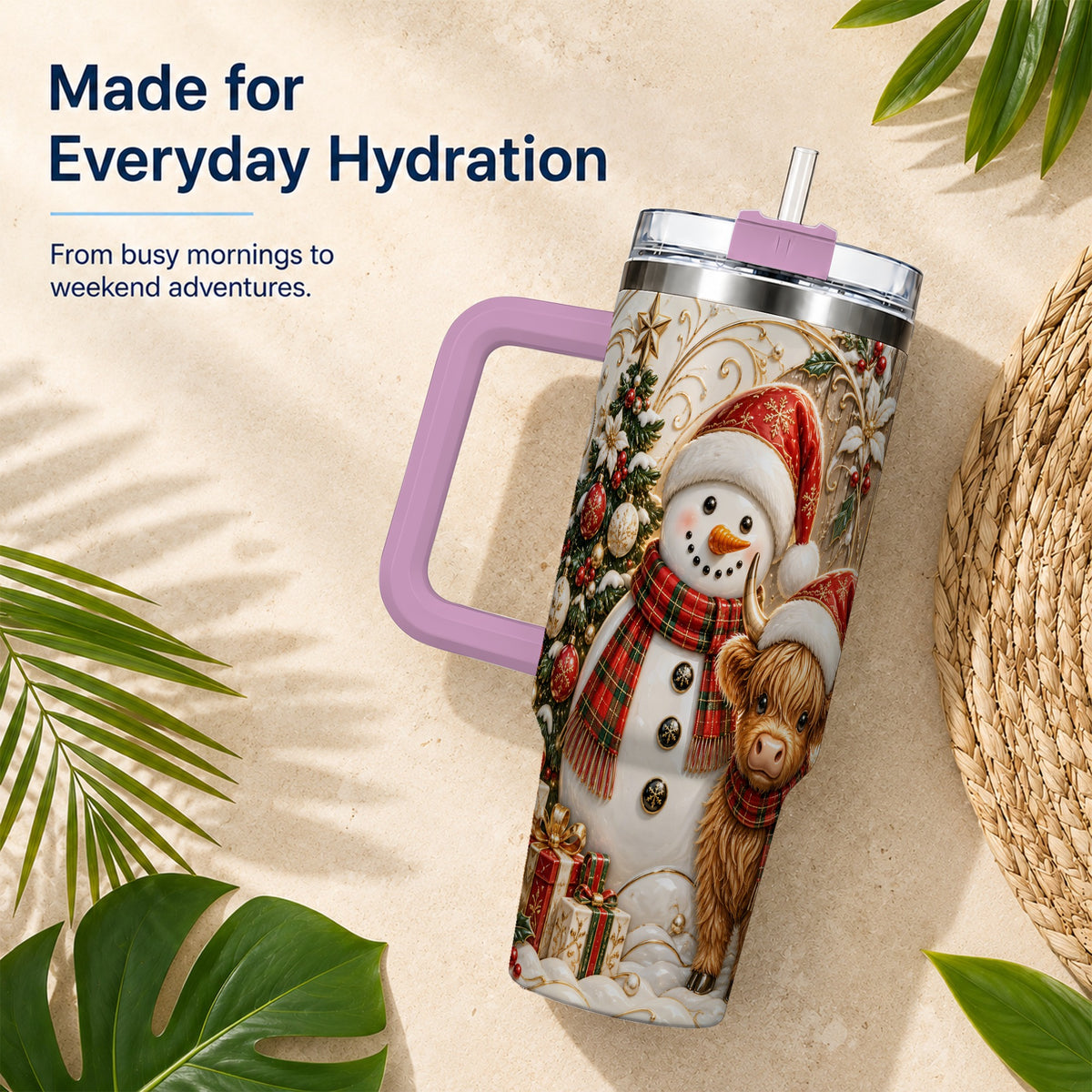 #pl[40oz|Pink] Highland Cow Snowman 40oz Tumbler with Handle, Farm Animal Travel Cup